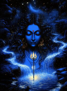 blue illustration of a parvati goddess with trident