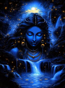 illustration of a sati goddess with trident and waterfall