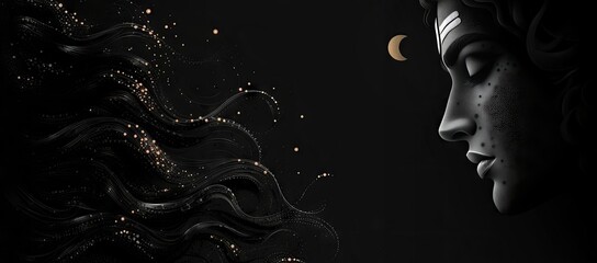 illustration of shiva face with wavy black pattern background