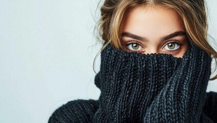 Fototapeta premium Woman Wearing Cozy Sweater Covering Her Face