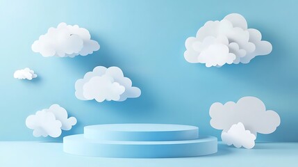 Blue podium with paper cut clouds on sky background. 3d product display podium, stage or scene with round pastel blue base and origami white clouds. Geometric shape presentation stand. Generative Ai