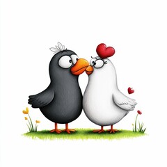 Fototapeta premium Cartoon birds in love on white background