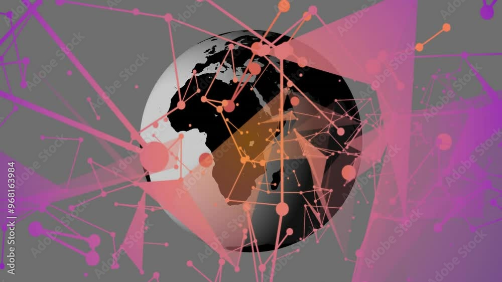 Poster animation of digital data processing with connections over globe