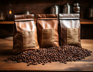 A set of artisanal coffee bags arranged neatly on a wooden counter, with whole beans scatter