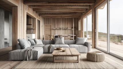 Obraz premium Empty living room in small wooden cabin with gray sofa, coffee table, and chairs