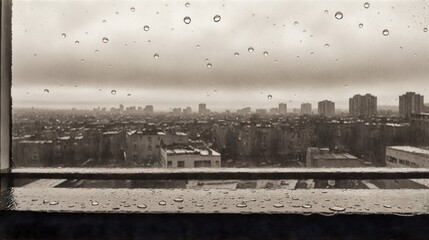 Fototapeta premium Generative AI, A rainy day in the city with water droplets on a reflective surface in the foreground, blurred skyscrapers in the background, and a melancholic atmosphere in a black-and-white, sepia-to
