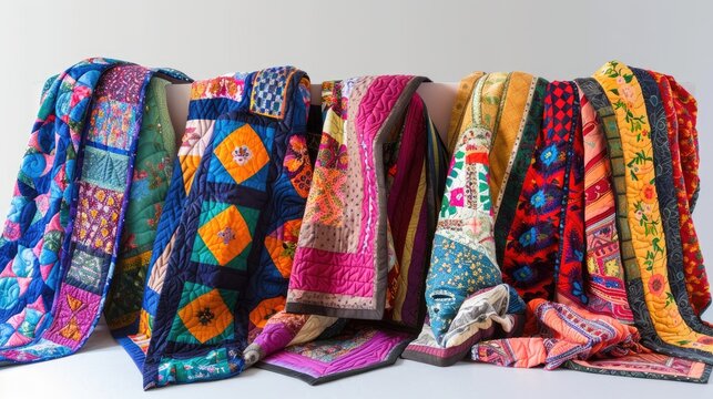 Colorful Quilts Arranged for Display on White Background