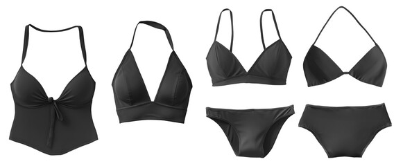 Set collection of black two piece swimwear swimsuit, triangle bikini, tankini, halter bra bralette, top bottom on transparent cutout PNG. Many different style. Mockup template for graphic design
