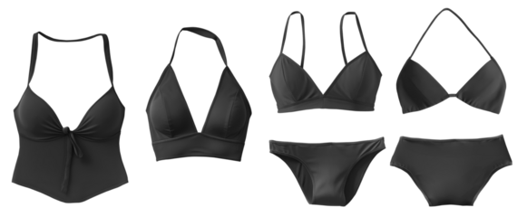 Set collection of black two piece swimwear swimsuit, triangle bikini, tankini, halter bra bralette, top bottom on transparent cutout PNG. Many different style. Mockup template for graphic design