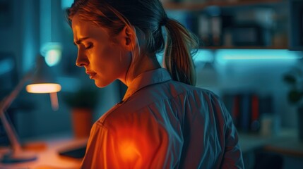 Office worker experiencing back pain and stress related to overwork and burnout, highlighting health and muscle issues with a focus on spinal risks