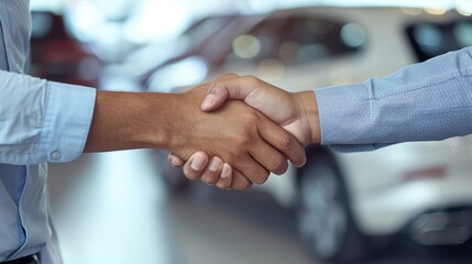 Vehicle purchase agreement or handshake between salesperson and client in a dealership setting, focusing on sales, insurance, or financing approval