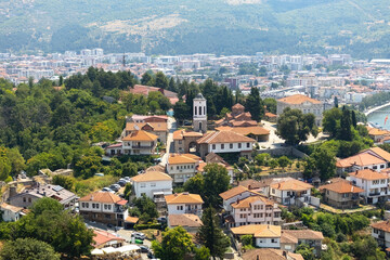 Fototapeta premium Aerial view of Ohrid old town from the Samoil's Fortress in Ohrid North Macedonia