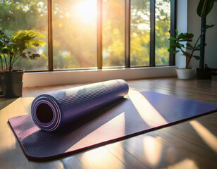 A yoga mat and foam roller positioned by a large window with natural light streaming in, hig