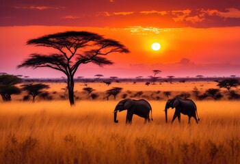 Fototapeta premium expansive savanna landscape beautiful animal silhouettes vibrant sunset sky, horizon, grassland, wildlife, nature, scenery, dusk, profile, beauty, light