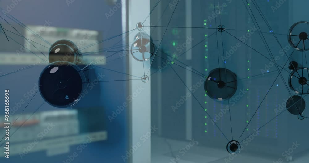 Poster animation of digital data processing with connections over computer servers