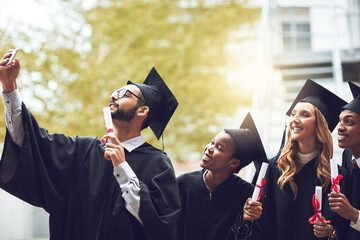 Happy students, graduates and selfie with certificate for graduation memory, photography or...