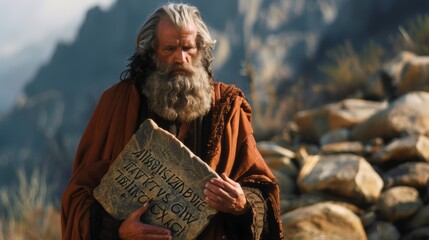 Moses carries stone tablets with the Ten Commandments inscribed on them.