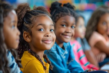 A group of young girls are sitting in a classroom and smiling