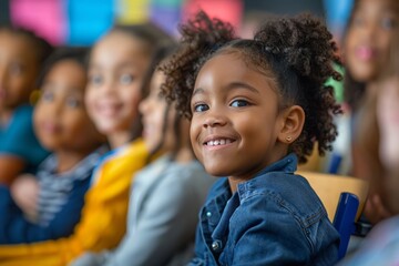 A group of young girls are sitting in a classroom and smiling