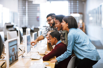 Computer, excited and students learning at library for education, knowledge and test results in college. University research, friends and internet for studying, project notes and online exam report