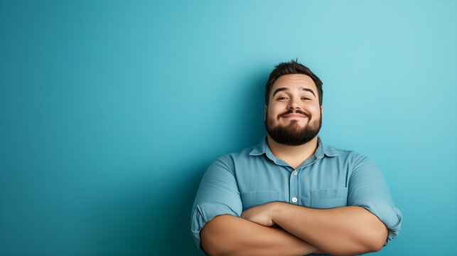 portrait of a handsome smiling brunette man dressed casual, isolated on blue background; copy space