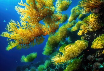 Obraz premium vibrant underwater patterns showcasing energetic ocean themes bright colors dynamic textures, aquatic, life, marine, coral, fish, sea, blue, green