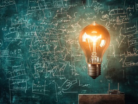 Lightbulb glowing with mathematical drawings on chalk boad