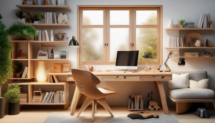 3D Render of a cozy study room with a wooden desk, plush chair, and warm lighting, floor pla