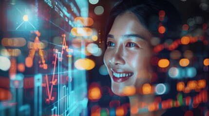 Businesswoman with laptop examines trading data, digital marketing statistics, and revenue trends through a lens of technological innovation. Financial success and stock market investment analysis