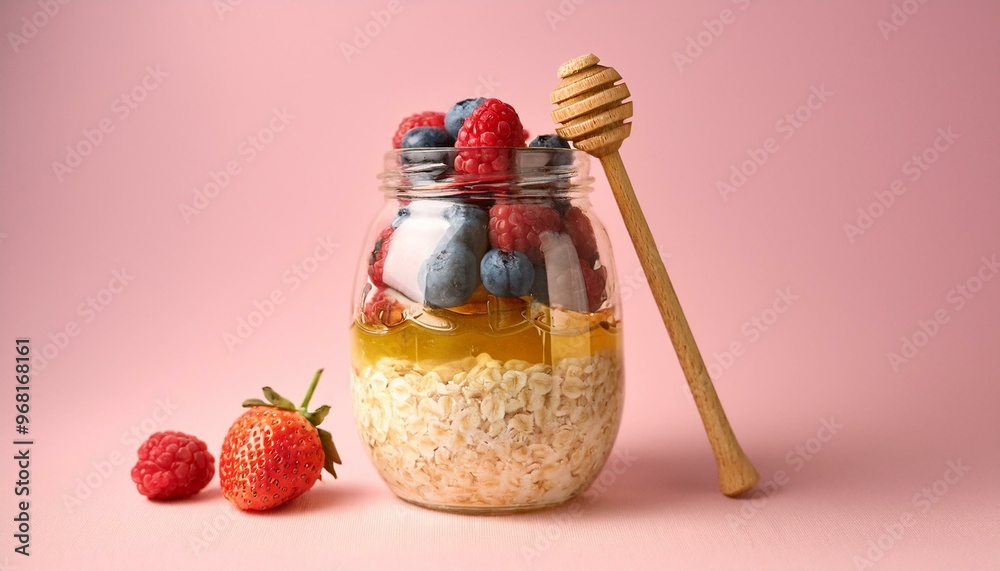 Wall mural A glass jar of overnight oats layered with mixed berries and a drizzle of honey, with a simp 