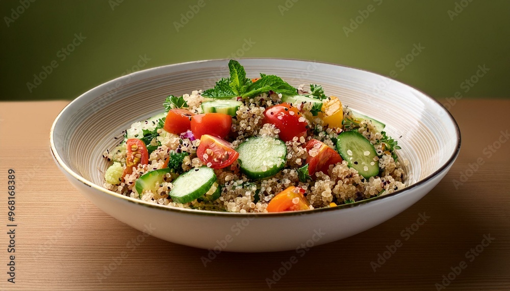 Wall mural A portion of quinoa salad with diced cucumbers, tomatoes, and herbs, arranged neatly in a bo 