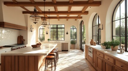 luxurious mediterranean kitchen, luxurious mediterranean kitchen with wooden beams pendant lighting, ideal for gourmet cooking entertaining, a stylish haven in home interior design