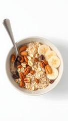 Healthy oatmeal bowl topped with nuts and banana slices for breakfast