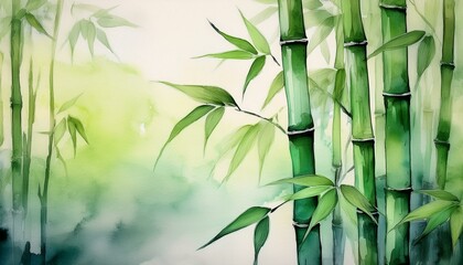  A single bamboo stalk with light green leaves against a softly blurred background of other b