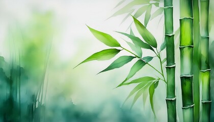  A single bamboo stalk with light green leaves against a softly blurred background of other b