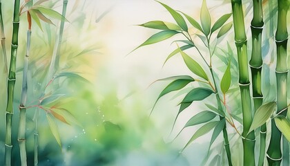  A single bamboo stalk with light green leaves against a softly blurred background of other b