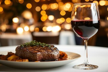 A beautifully plated steak dinner paired with a glass of red wine in a softly lit restaurant setting