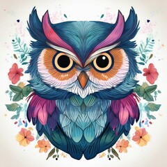 Fototapeta premium Watercolor Owls- conceptual soft, dreamy owl illustration with flowing colors and gentle lines with copy space