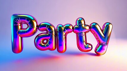 Colorful metallic neon pink animated balloon letters in 3d style spelling Party on a light gradient background - Powered by Adobe