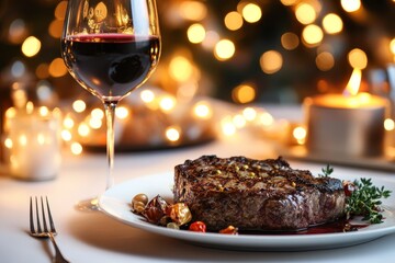 Elegant steak dinner with red wine surrounded by warm lights and candles in a cozy setting during a festive evening