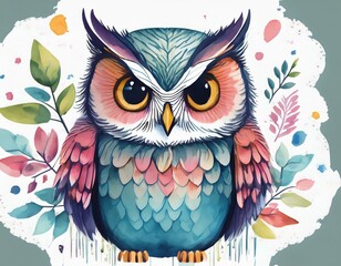 Obraz premium Watercolor Owls- conceptual soft, dreamy owl illustration with flowing colors and gentle lines with copy space