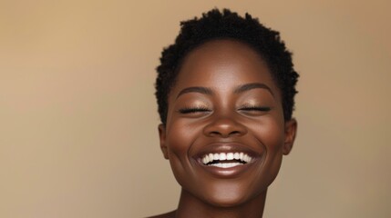 Cosmetic wellness shoot featuring a woman with a playful expression and radiant skin against a brown background. Emphasizing beauty and satisfaction