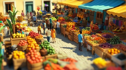 Obraz premium Vibrant local market bustling with shoppers exploring fresh produce and colorful crafts on a sunny day