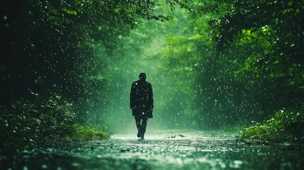 A solitary figure walks through a misty, rain-soaked forest path.