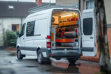 A service van for emergency plumbing is parked, showcasing tools and equipment inside during a cloudy day