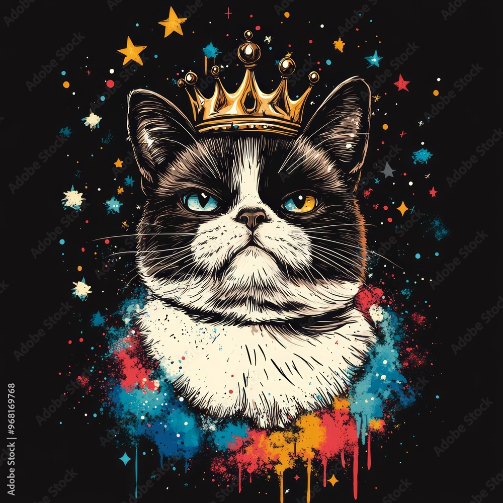 Canvas Prints A regal cat with a crown, surrounded by colorful splashes and stars, showcasing a royal theme.