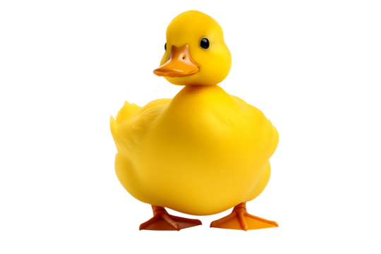 A cute yellow duck isolated on clear white and transparent background