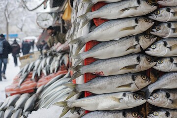 Fresh fish are neatly arranged for sale at a vibrant winter market with snow lining the ground and busy vendors nearby