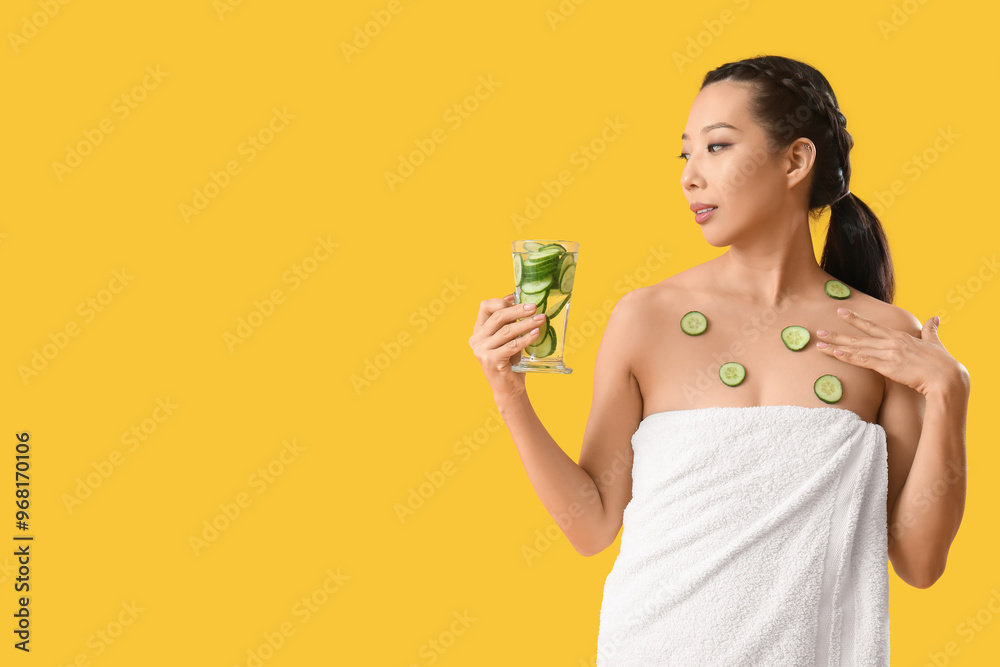 Sticker Young Asian woman with glass of cucumber water on yellow background