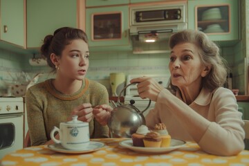 A daughter and her mother enjoy cupcakes together in a charming kitchen, sharing stories and laughter over tea